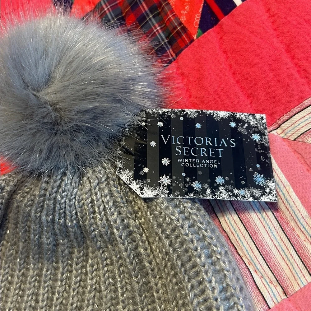 Victoria's Secret Gray Knit Pom Beanie with Floral Jewel Accents
